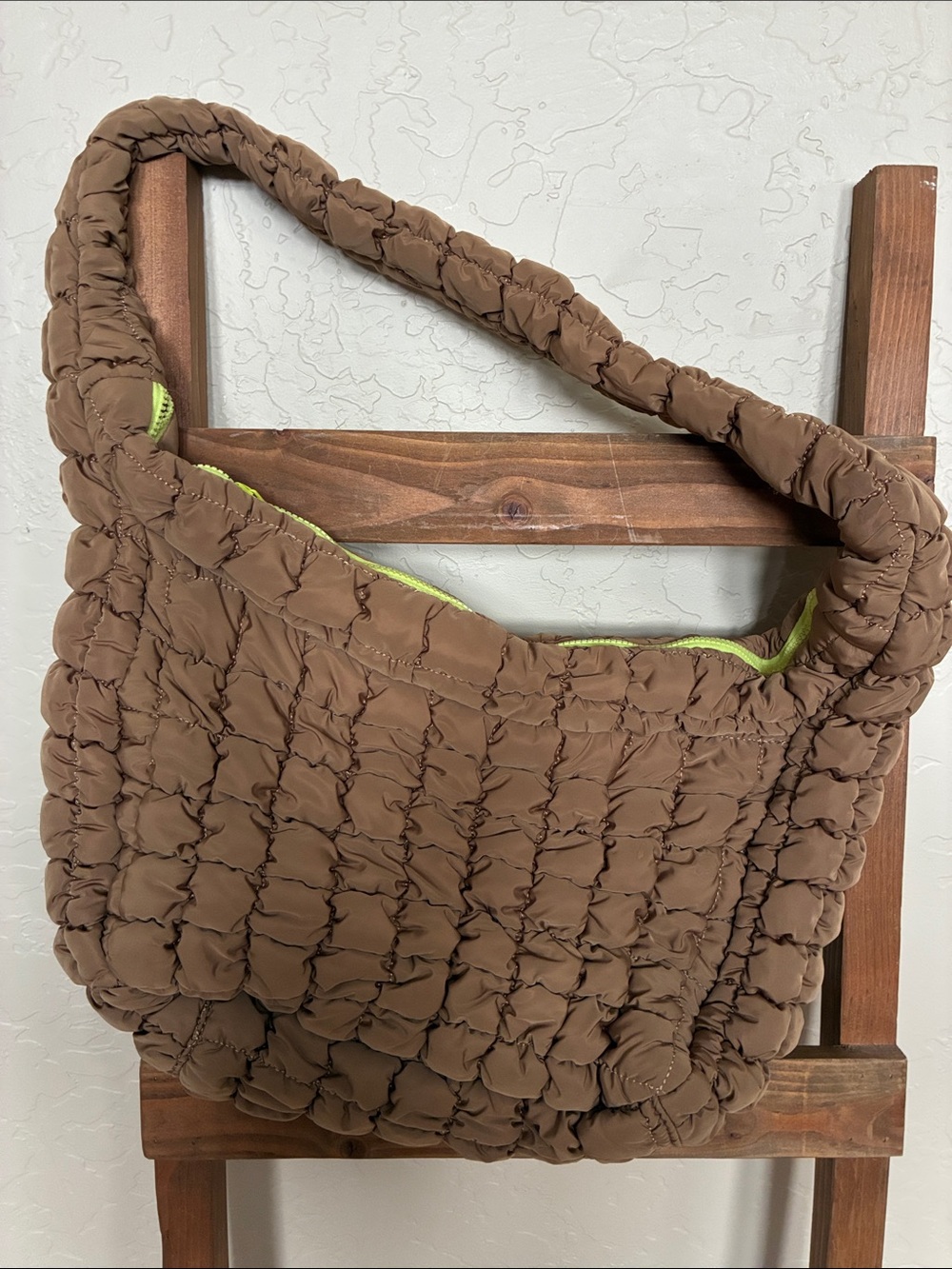 Brown Quilted Shoulder Bag with Lime Accent by Urban Outfitters